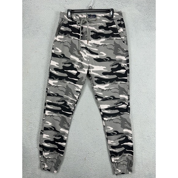 Across The Pond Jogger Pants Men Large Gray Black Camo Drawstring Pocket Stretch